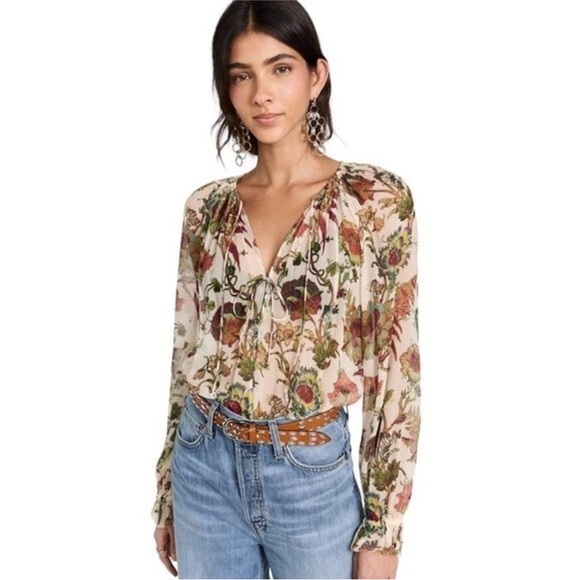 Ulla Johnson Tops - Ulla Johnson Bernadette 100% Silk Floral Sheer Blouse Cream Green Freesia 14